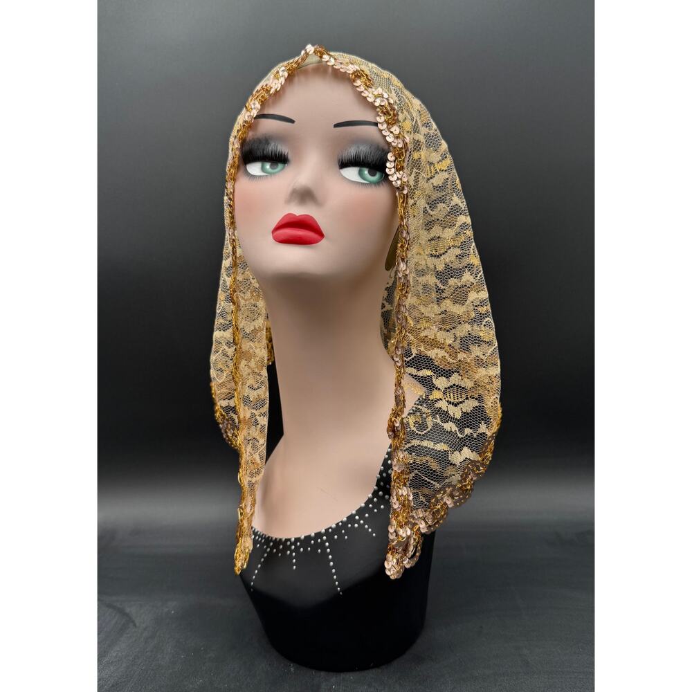 Vintage Mantilla Gold Head Scarf 30" x 18" x 18" Sequin Edged